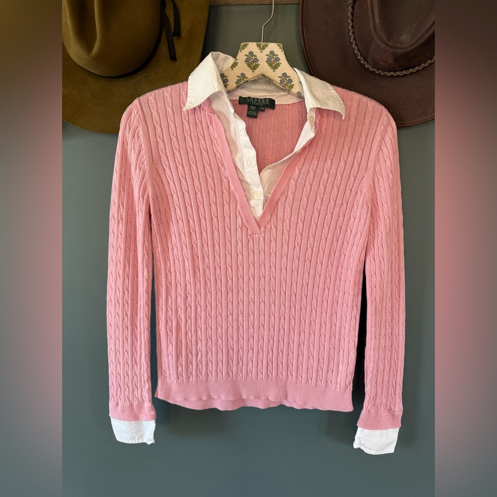 Ralph Lauren petite cable knit sweater silk cotton blend layered blouse small